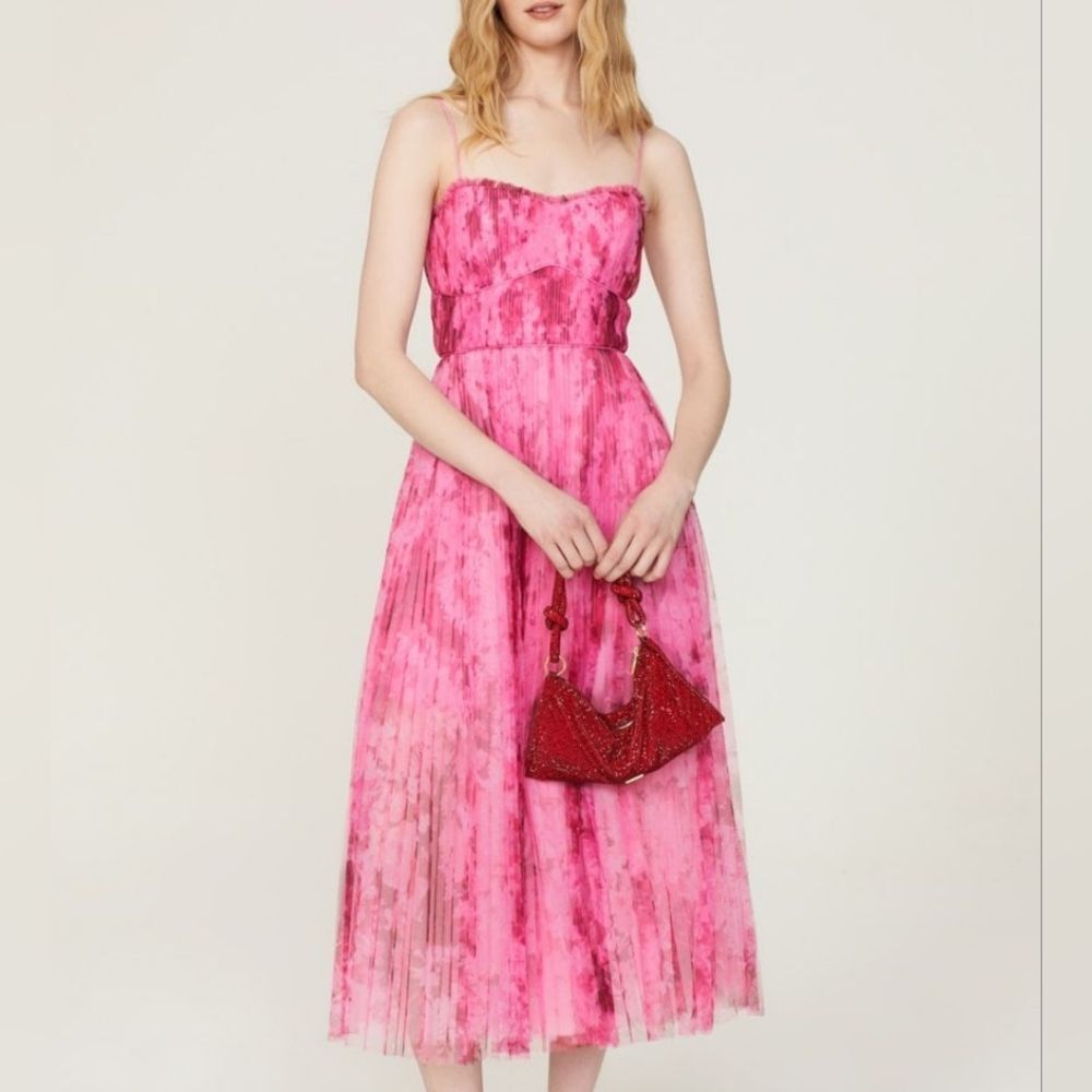 ML Monique Lhuillier Formal Ruffled Pleated Tulle Midu Dress Floral Pink 6 NWT